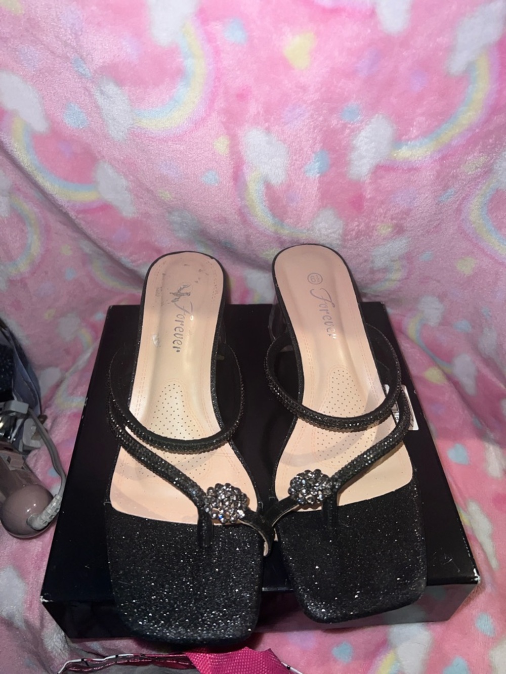 Forever 21 Black Glitter Square-Toe Heeled Mules with Crystal Accent